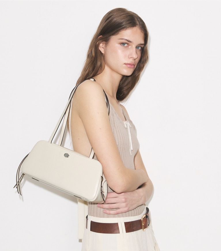 Tory Burch designer satchels Robinson Satchel in Light Cream additional on model