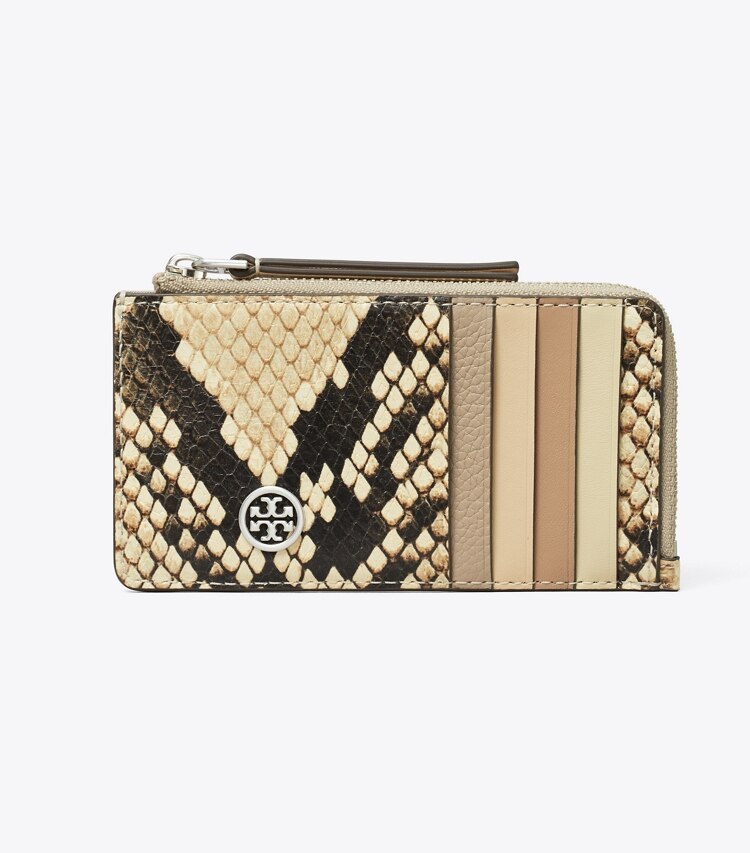 Tory Burch designer カードケース ロビンソン パイソンエンボス ジップカードケース in Coriander / Black Multi front
