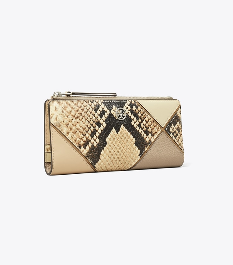 Tory Burch designer wallets Robinson Snake Embossed Zip Slim Wallet in Coriander / Black Multi angle