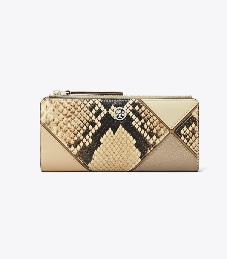 Tory Burch designer wallets Robinson Snake Embossed Zip Slim Wallet in Coriander / Black Multi front