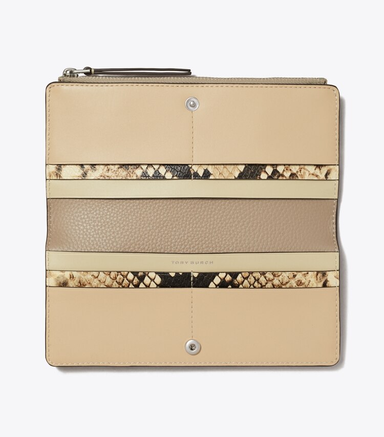 Tory Burch designer wallets Robinson Snake Embossed Zip Slim Wallet in Coriander / Black Multi overhead