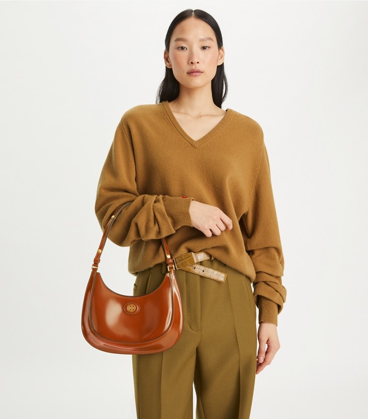 Tory Burch designer shoulder bags Robinson Spazzolato Convertible Crescent Bag in DARK SIENNA accessory on model
