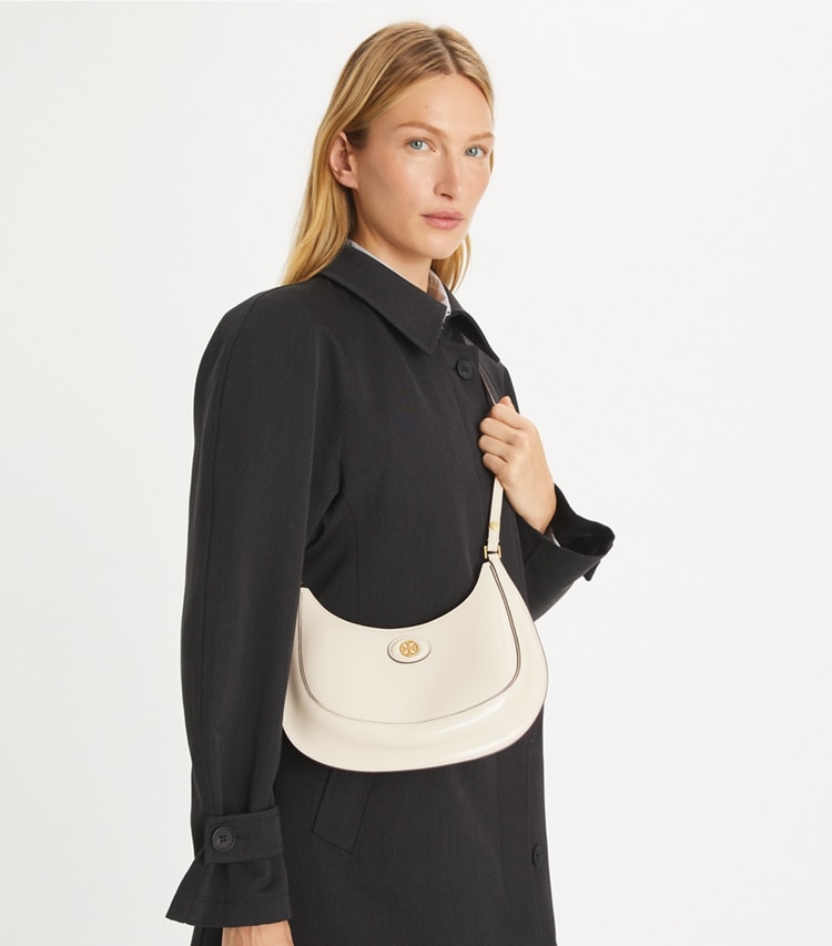 Tory Burch designer shoulder bags Robinson Spazzolato Convertible Crescent Bag in SHEA BUTTER additional on model