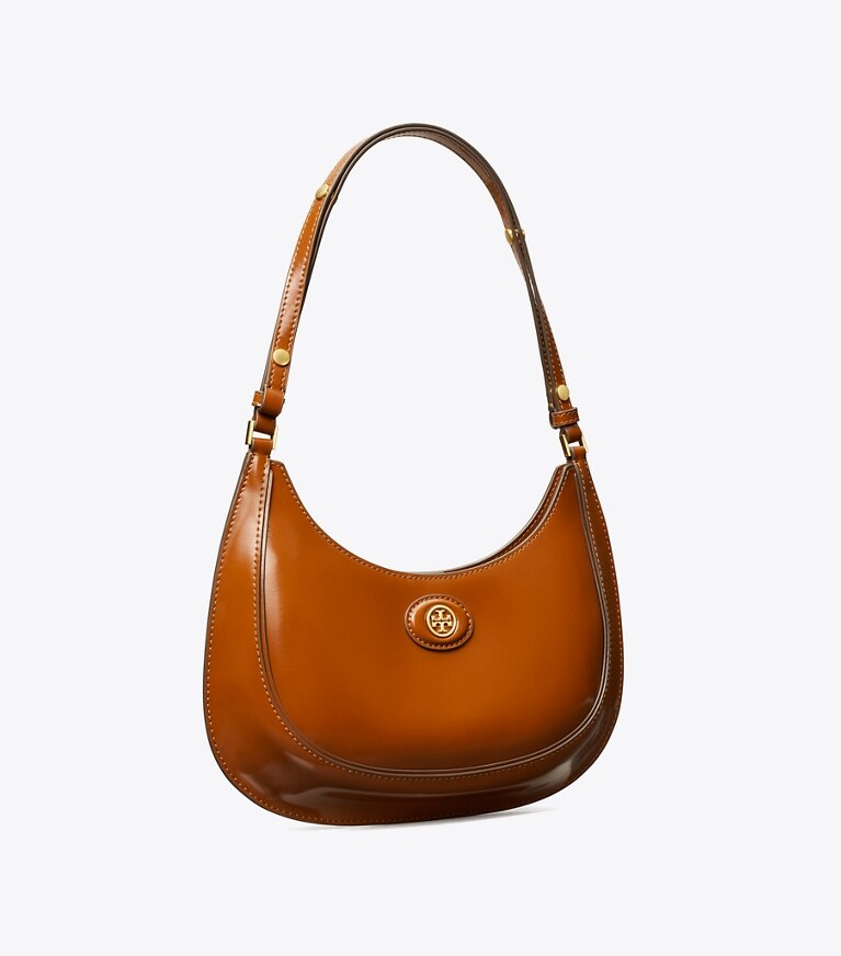 Tory Burch designer shoulder bags Robinson Spazzolato Convertible Crescent Bag in DARK SIENNA angle