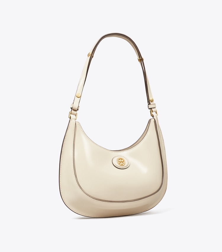Tory Burch designer shoulder bags Robinson Spazzolato Convertible Crescent Bag in SHEA BUTTER angle