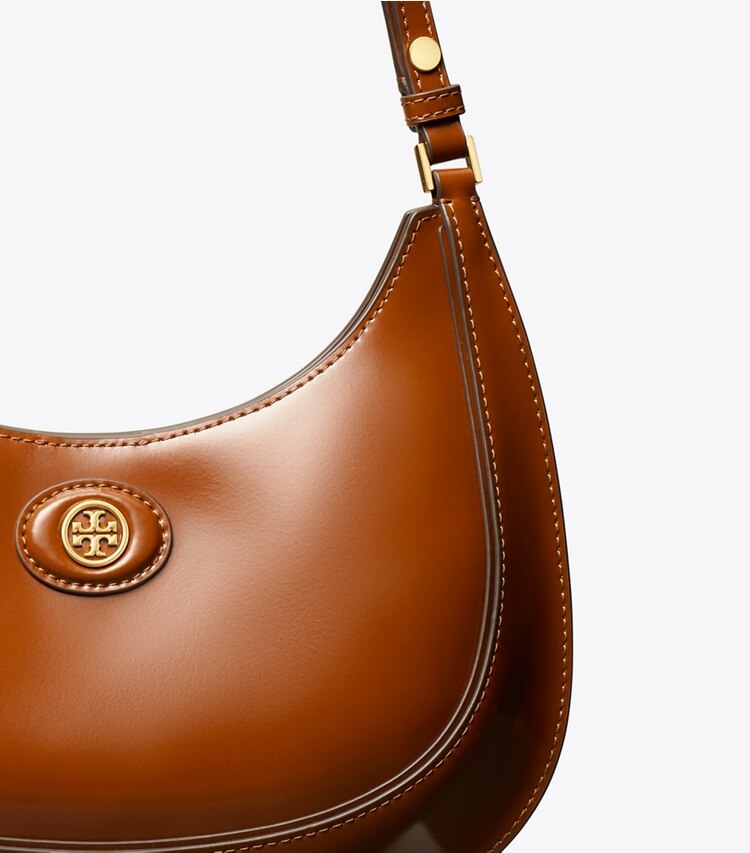 Tory Burch designer shoulder bags Robinson Spazzolato Convertible Crescent Bag in DARK SIENNA detail