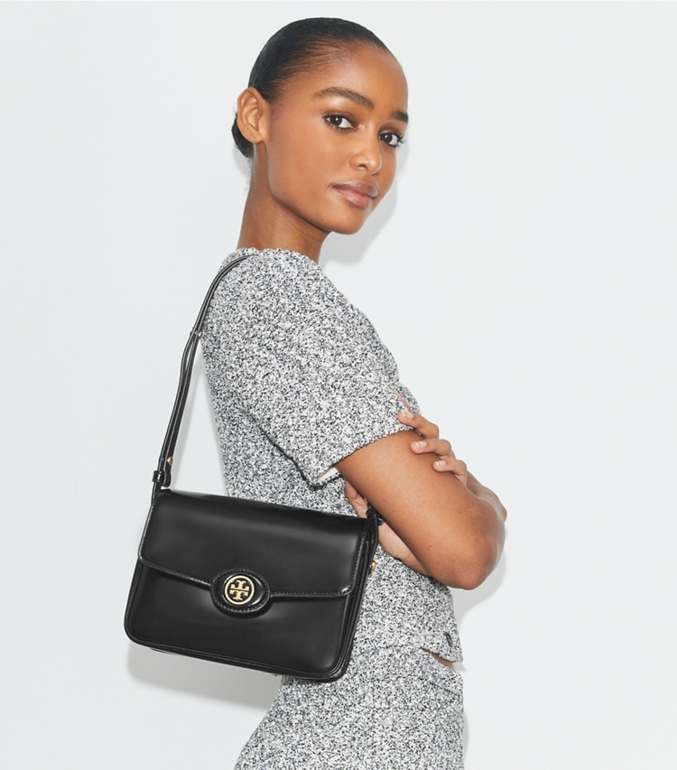 Tory Burch designer shoulder bags Robinson Spazzolato Convertible Shoulder Bag in Black accessory on model