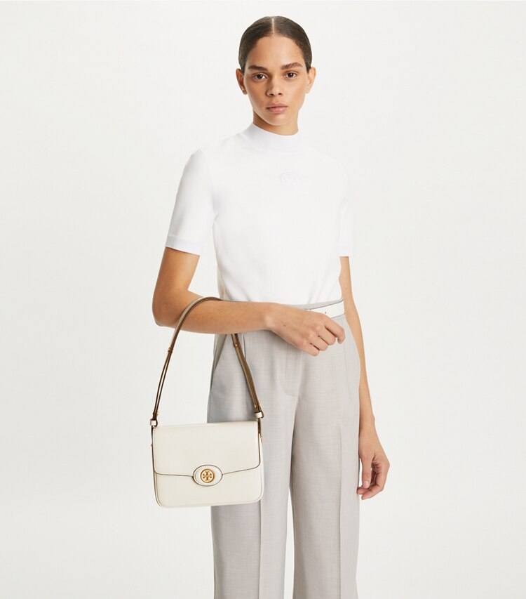 Tory Burch designer shoulder bags Robinson Spazzolato Convertible Shoulder Bag in SHEA BUTTER accessory on model