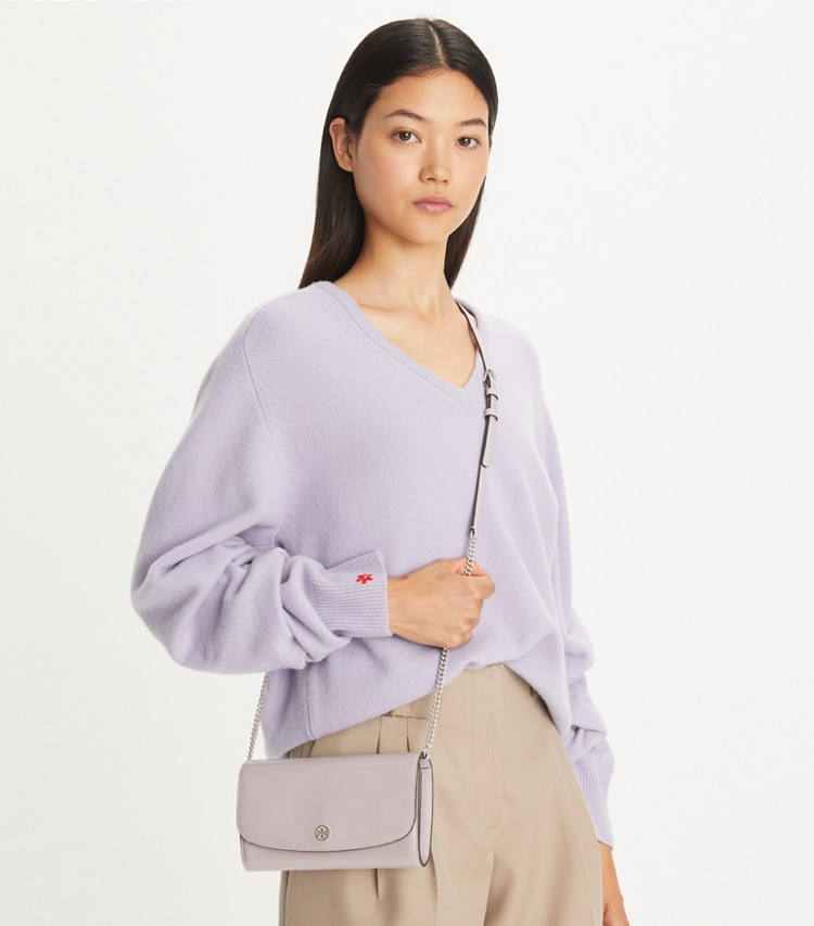 Tory Burch designer mini bags Robinson Spazzolato Crossbody in Primrose accessory on model