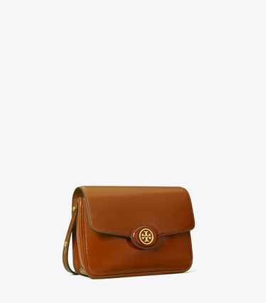 Tory Burch designer shoulder bags Robinson Spazzolato Flap Shoulder Bag in DARK SIENNA angle