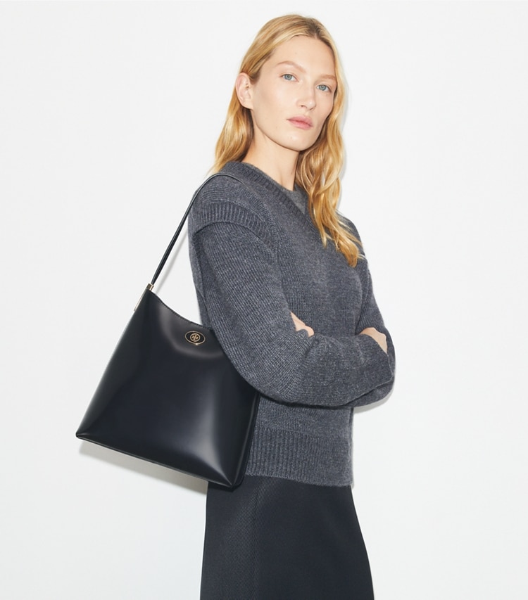 Tory Burch designer hobo bags Robinson Spazzolato Hobo Bag in Black/Black accessory on model