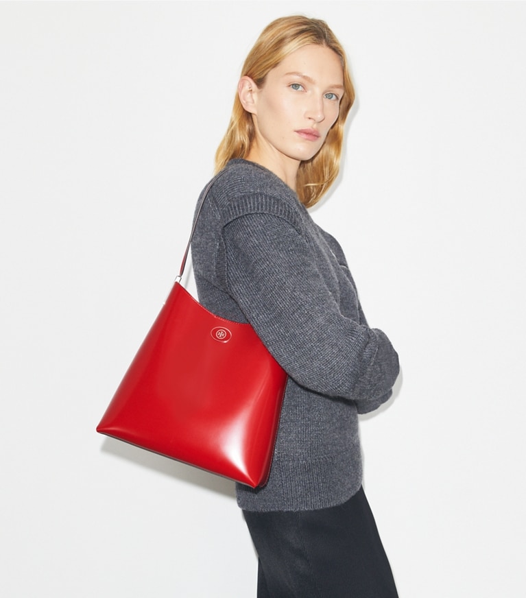 Tory Burch designer hobo bags Robinson Spazzolato Hobo Bag in Red Sky angle
