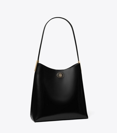 Tory Burch designer hobo bags Robinson Spazzolato Hobo Bag in Black/Black angle
