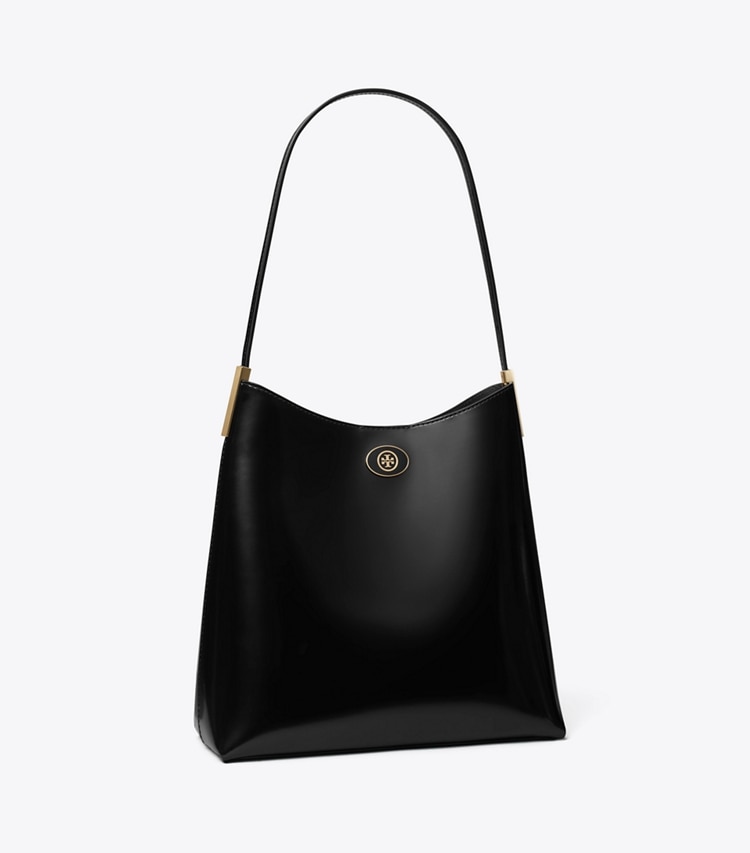 Tory Burch designer hobo bags Robinson Spazzolato Hobo Bag in Black/Black angle