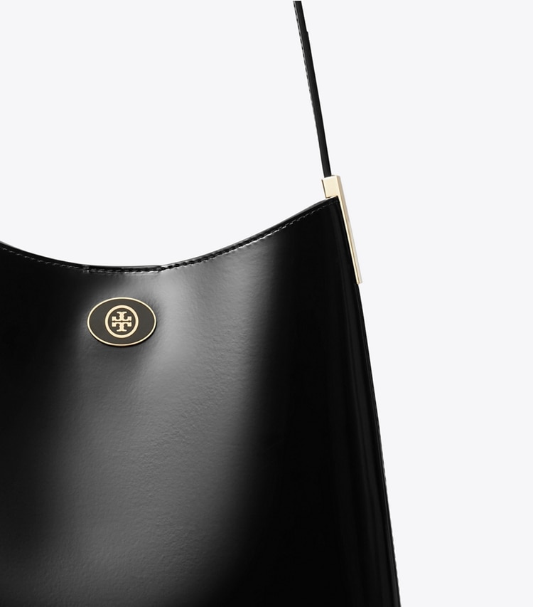 Tory Burch designer hobo bags Robinson Spazzolato Hobo Bag in Black/Black detail