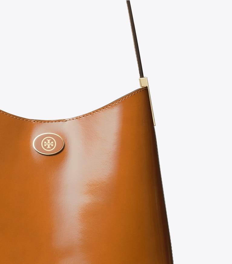 Tory Burch designer hobo bags Robinson Spazzolato Hobo Bag in DARK SIENNA angle