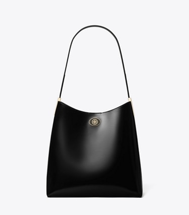 Tory Burch designer hobo bags Robinson Spazzolato Hobo Bag in Black/Black front
