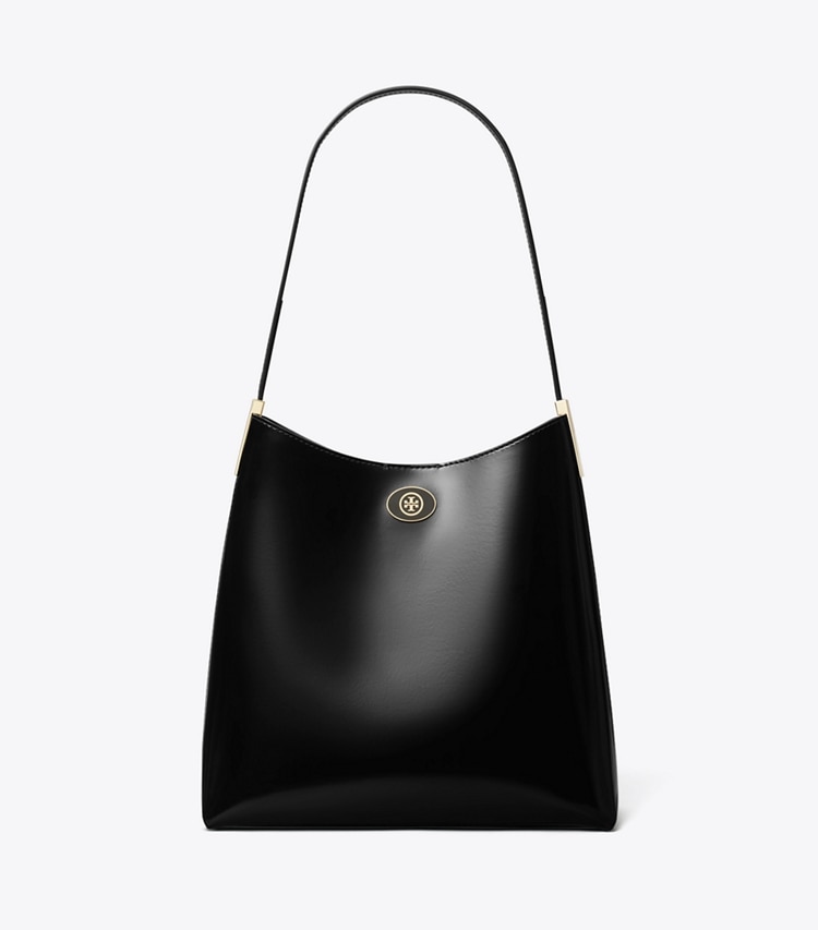 Tory Burch designer hobo bags Robinson Spazzolato Hobo Bag in Black/Black front