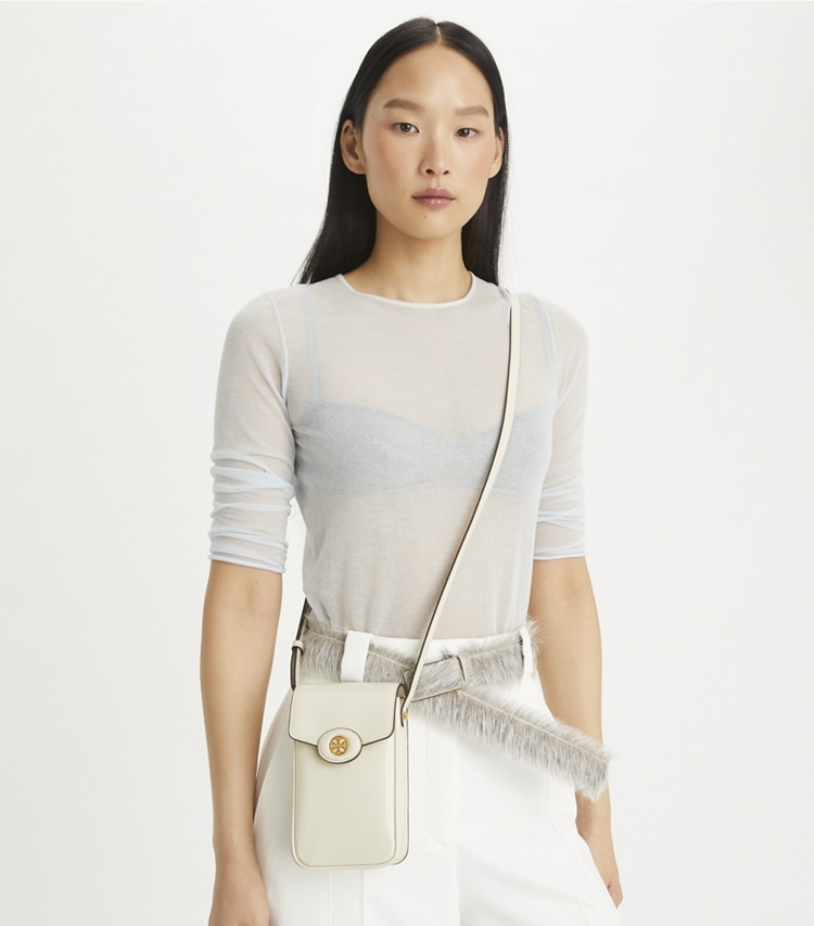 Tory Burch designer mini bags Robinson Spazzolato Phone Crossbody in SHEA BUTTER accessory on model