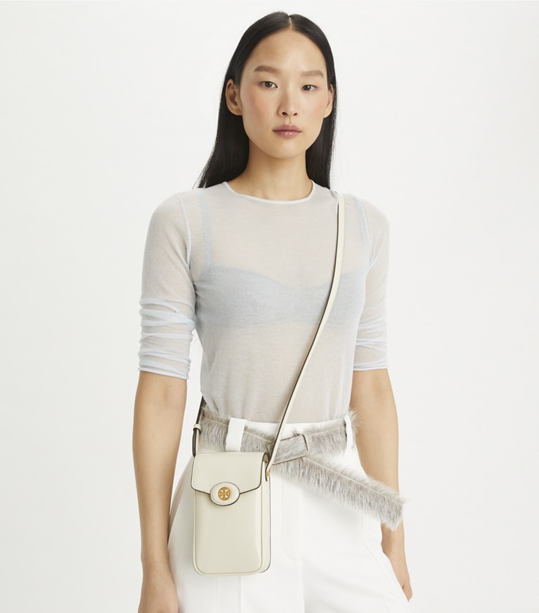 Tory Burch designer mini bags Robinson Spazzolato Phone Crossbody in SHEA BUTTER angle