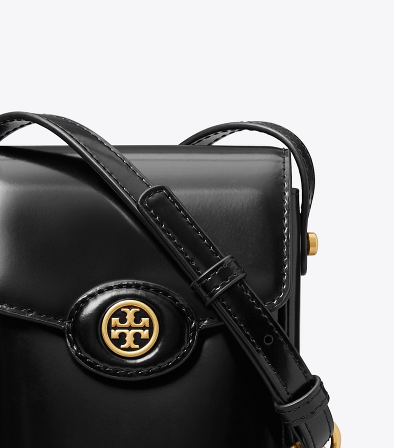 Tory Burch designer mini bags Robinson Spazzolato Phone Crossbody in Black angle