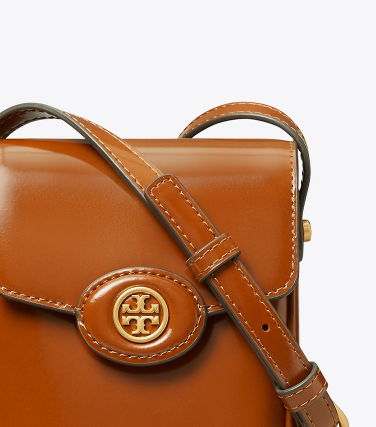 Tory Burch designer mini bags Robinson Spazzolato Phone Crossbody in DARK SIENNA angle