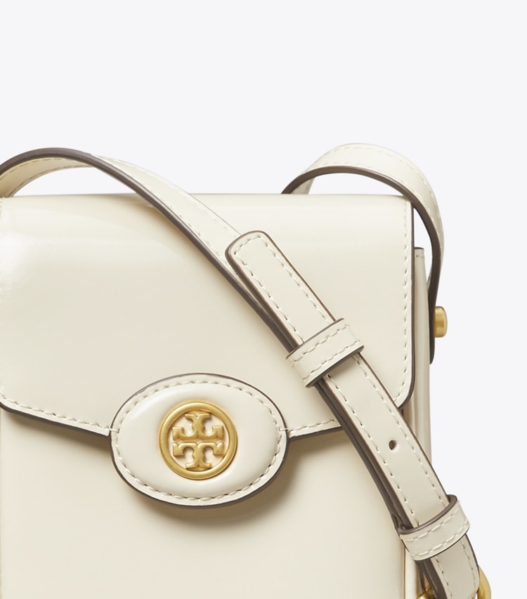 Tory Burch designer mini bags Robinson Spazzolato Phone Crossbody in SHEA BUTTER detail