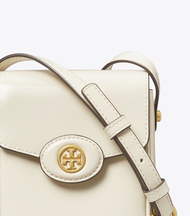 Tory Burch designer mini bags Robinson Spazzolato Phone Crossbody in SHEA BUTTER angle