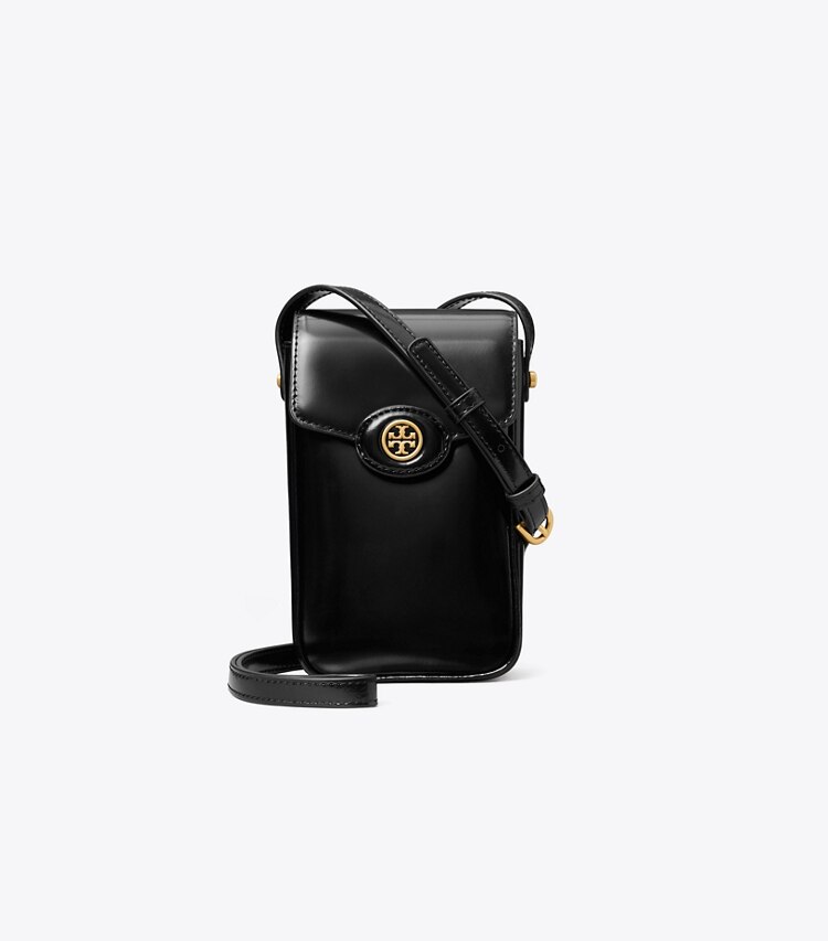 Tory Burch designer mini bags Robinson Spazzolato Phone Crossbody in Black front