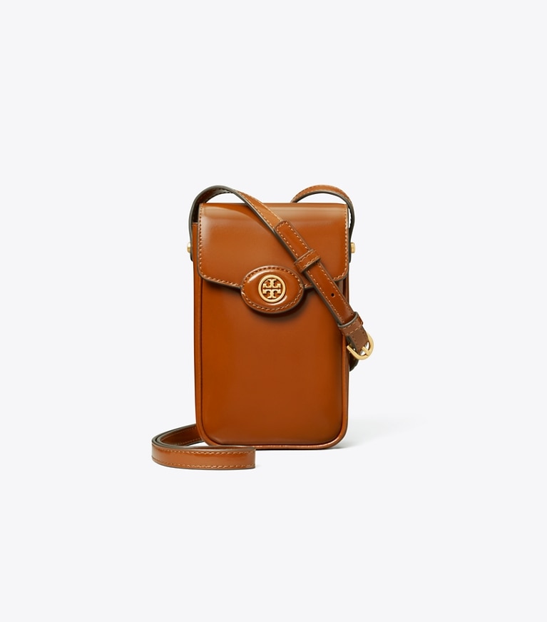 Tory Burch designer mini bags Robinson Spazzolato Phone Crossbody in DARK SIENNA angle