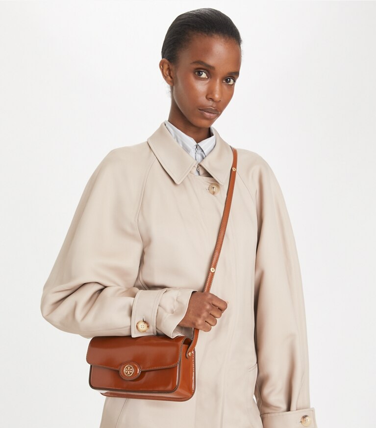 Tory Burch designer shoulder bags Robinson Spazzolato Rectangular Shoulder Bag in DARK SIENNA angle