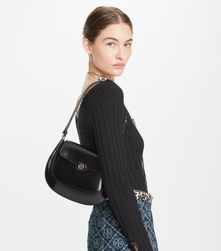 Tory Burch designer shoulder bags Robinson Spazzolato Small Flap Bag in Black accessory on model