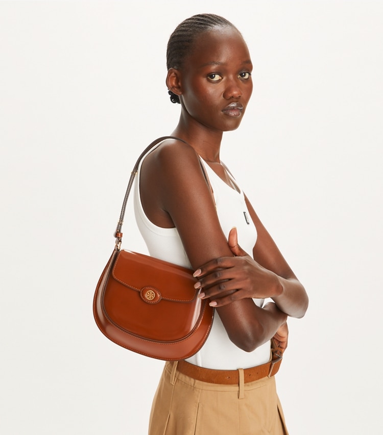 Tory Burch designer shoulder bags Robinson Spazzolato Small Flap Bag in DARK SIENNA accessory on model
