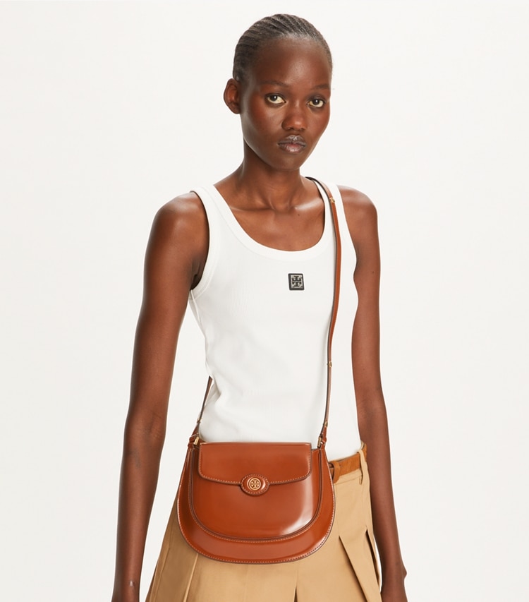 Tory Burch designer shoulder bags Robinson Spazzolato Small Flap Bag in DARK SIENNA additional on model