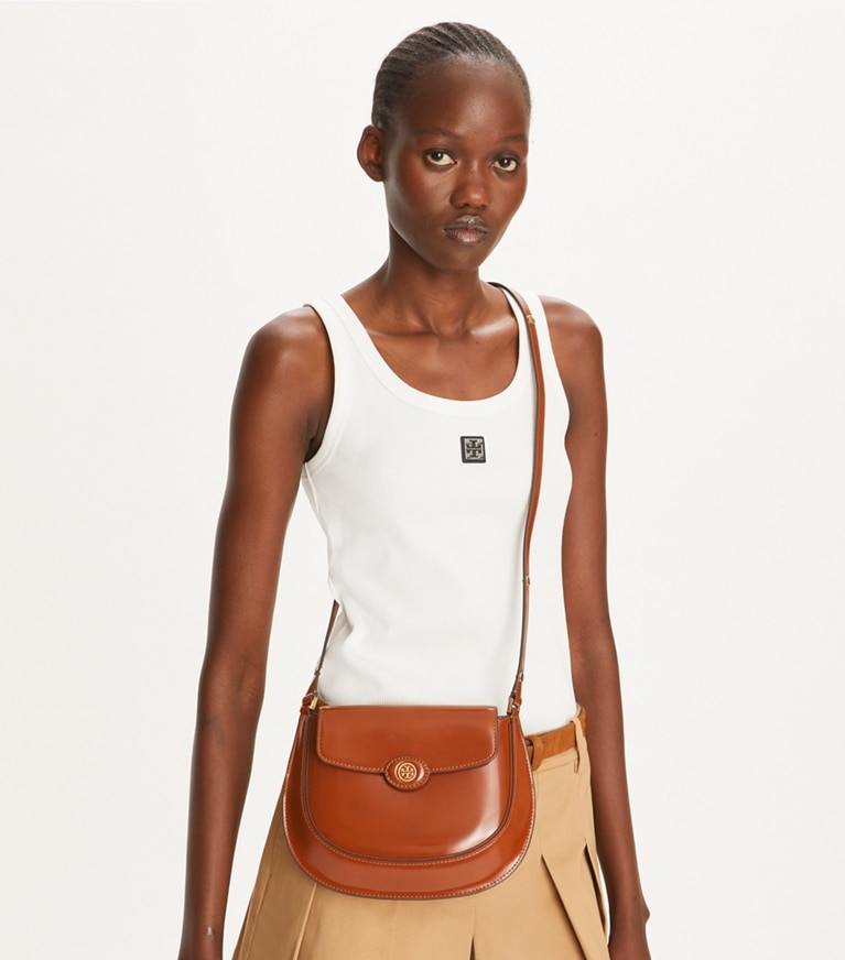 Tory Burch designer shoulder bags Robinson Spazzolato Small Flap Bag in DARK SIENNA angle