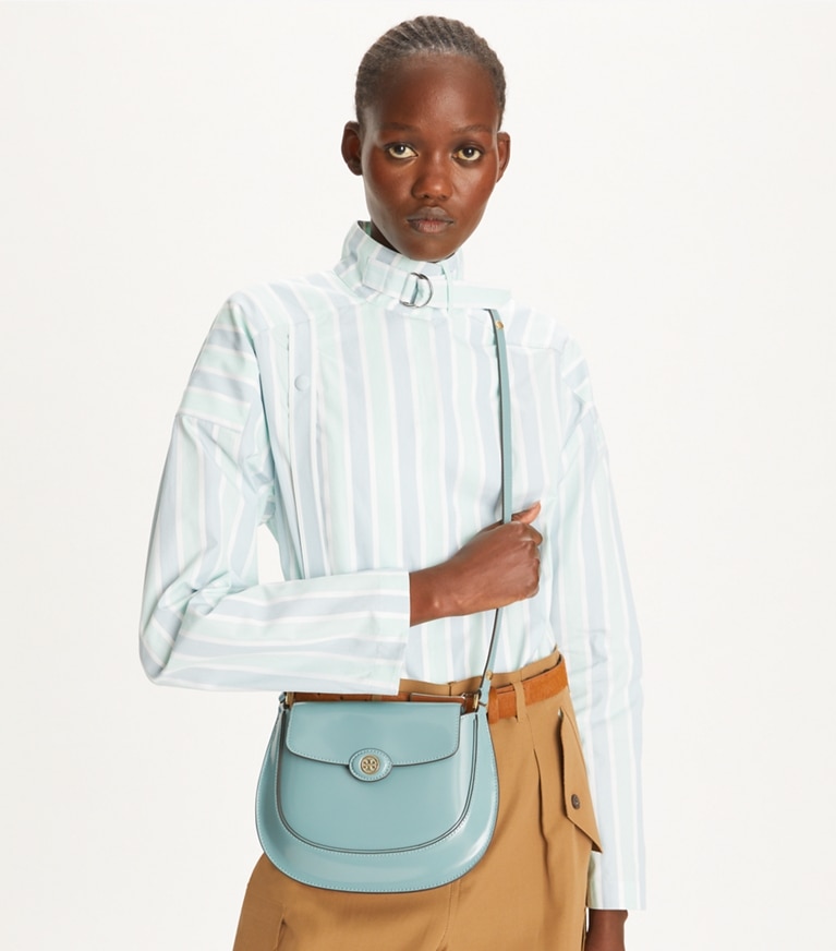 Tory Burch designer ショルダーバッグ ロビンソン スパッツォラート スモールフラップバッグ in Deep Turquoise angle