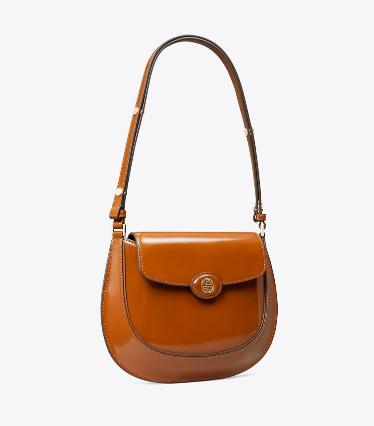 Tory Burch designer shoulder bags Robinson Spazzolato Small Flap Bag in DARK SIENNA angle