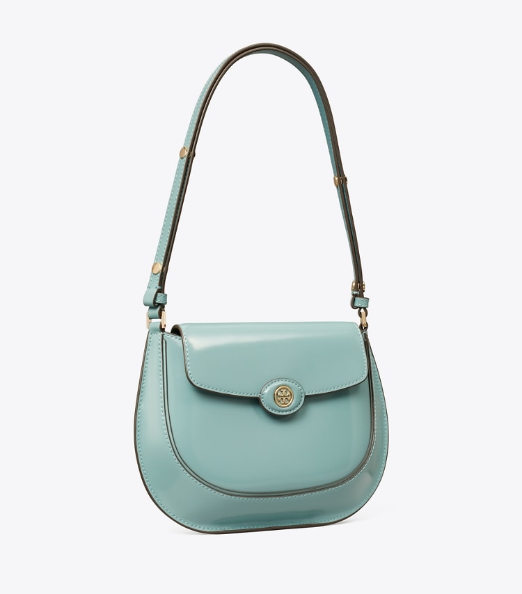 Tory Burch designer ショルダーバッグ ロビンソン スパッツォラート スモールフラップバッグ in Deep Turquoise angle