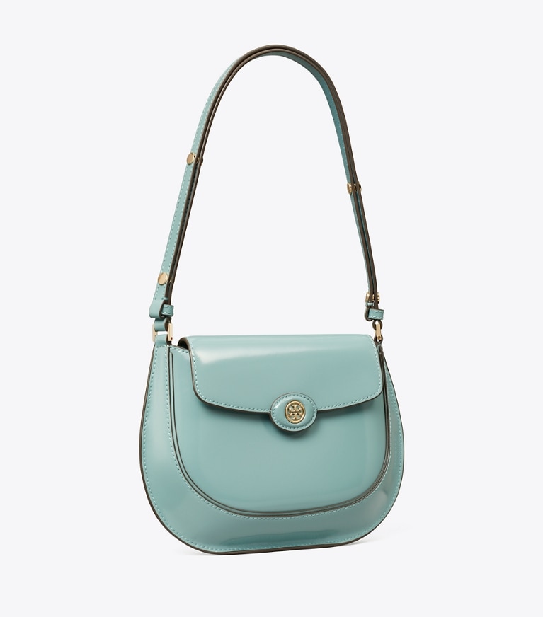Tory Burch designer ショルダーバッグ ロビンソン スパッツォラート スモールフラップバッグ in Deep Turquoise angle