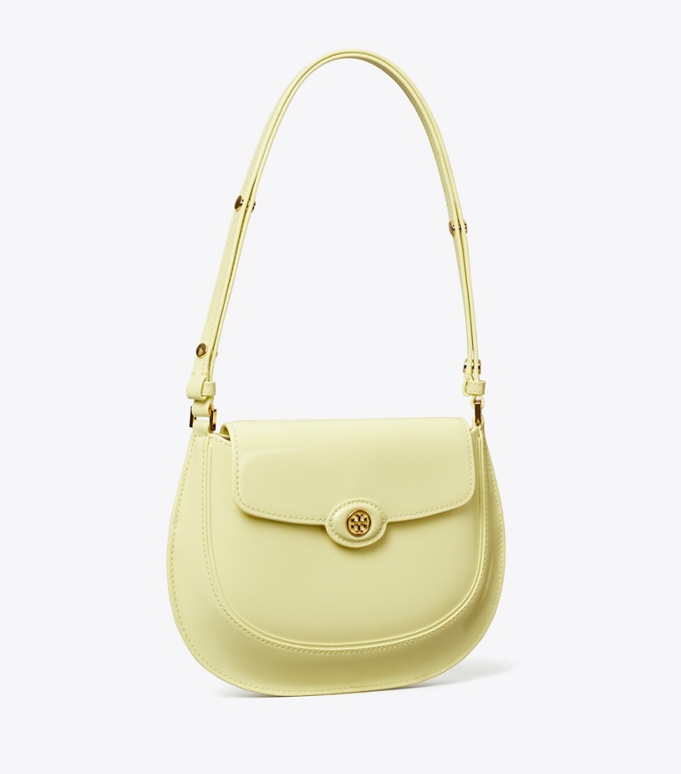 Tory Burch designer shoulder bags Robinson Spazzolato Small Flap Bag in Lemon angle