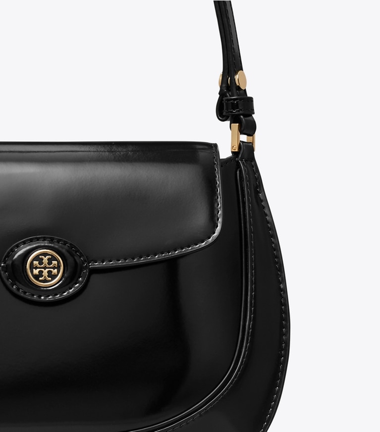 Tory Burch designer shoulder bags Robinson Spazzolato Small Flap Bag in Black angle