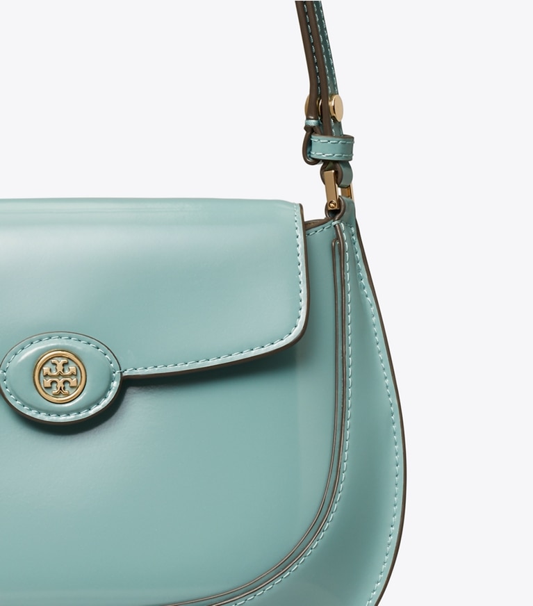 Tory Burch designer ショルダーバッグ ロビンソン スパッツォラート スモールフラップバッグ in Deep Turquoise angle