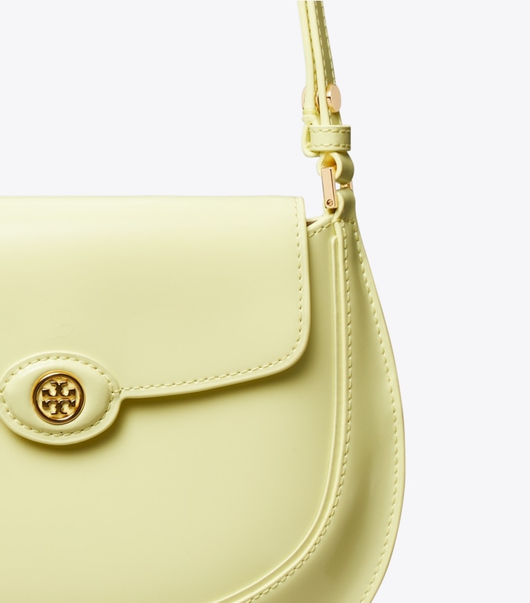 Tory Burch designer shoulder bags Robinson Spazzolato Small Flap Bag in Lemon detail