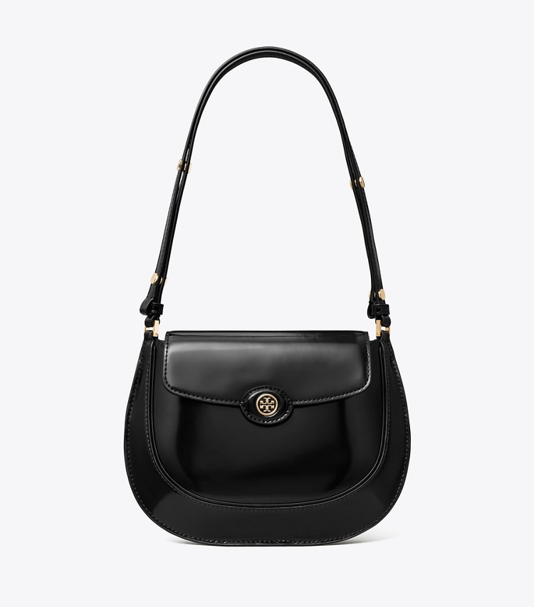 Tory Burch designer shoulder bags Robinson Spazzolato Small Flap Bag in Black front
