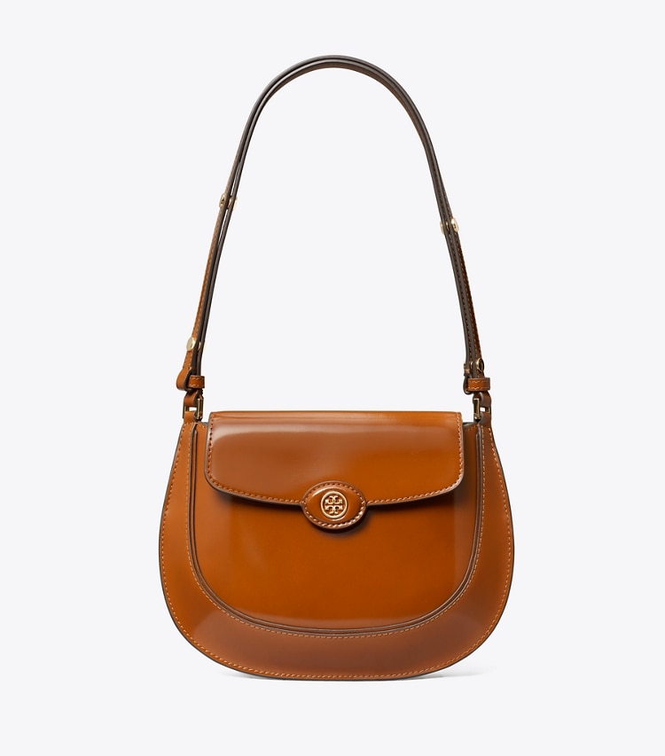 Tory Burch designer shoulder bags Robinson Spazzolato Small Flap Bag in DARK SIENNA front