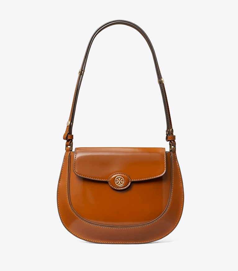 Tory Burch designer shoulder bags Robinson Spazzolato Small Flap Bag in DARK SIENNA angle