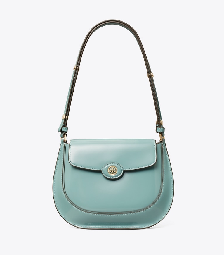 Tory Burch designer ショルダーバッグ ロビンソン スパッツォラート スモールフラップバッグ in Deep Turquoise angle