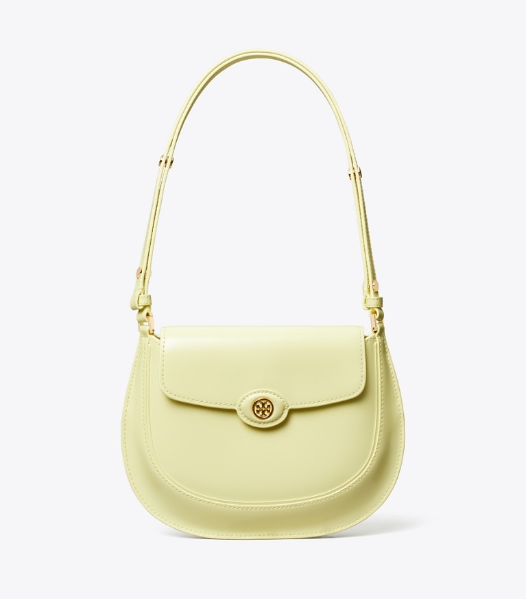 Tory Burch designer shoulder bags Robinson Spazzolato Small Flap Bag in Lemon front