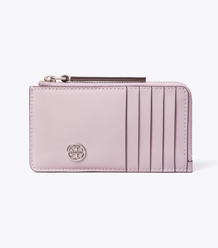 Tory Burch designer card cases Robinson Spazzolato Top-Zip Card Case in Primrose front