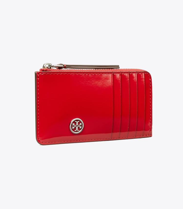 Tory Burch designer card cases Robinson Spazzolato Zip Card Case in Red Sky angle